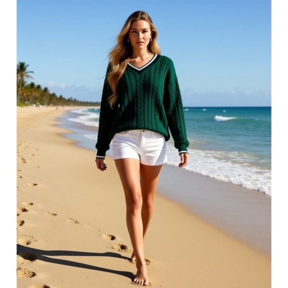 Cider Forest Green Cable Knit Varsity V-Neck Preppy Pullover Sweater